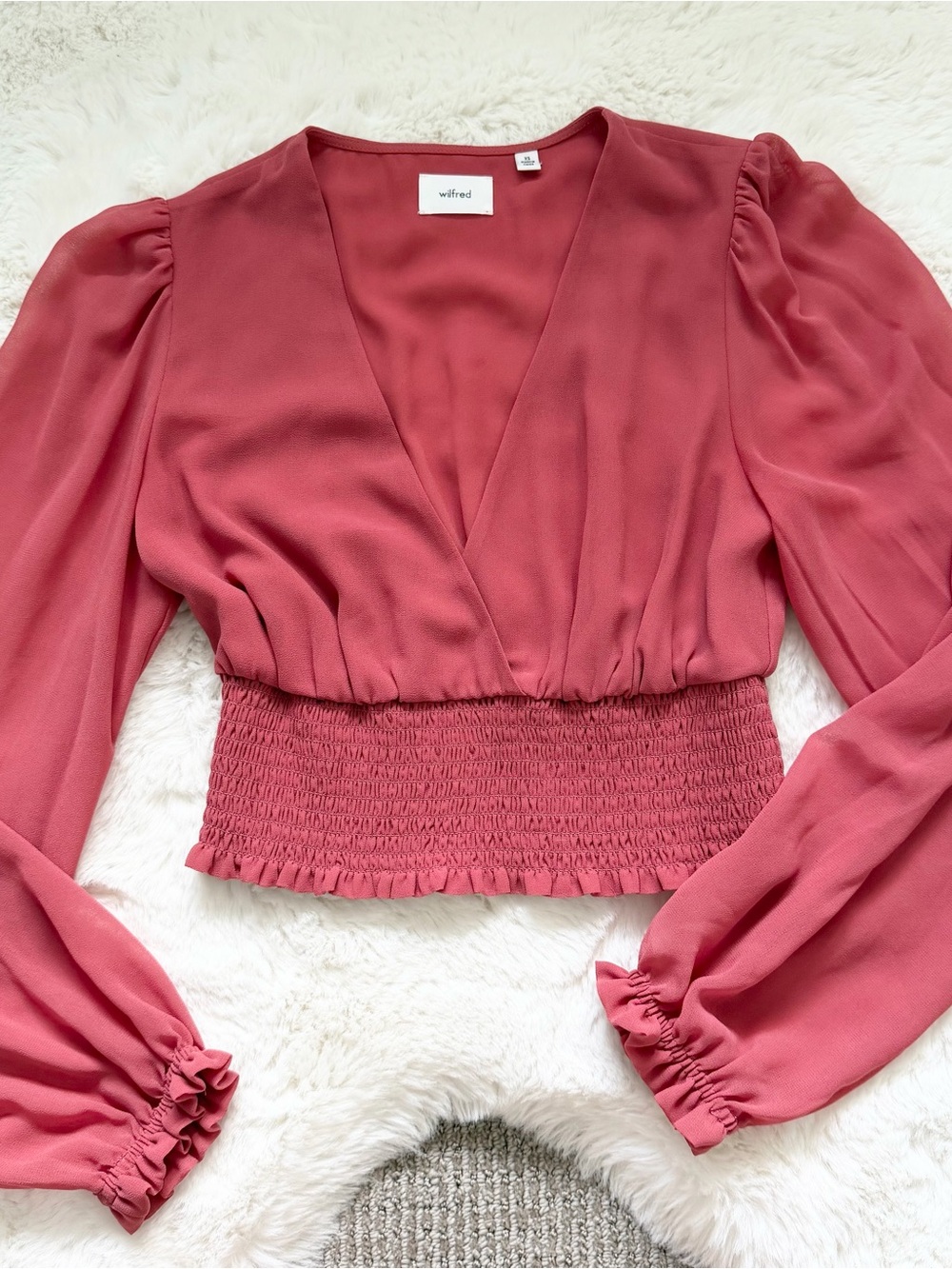 Wilfred Rose-Pink Smocked-Waist Long Sleeve Wrap Top